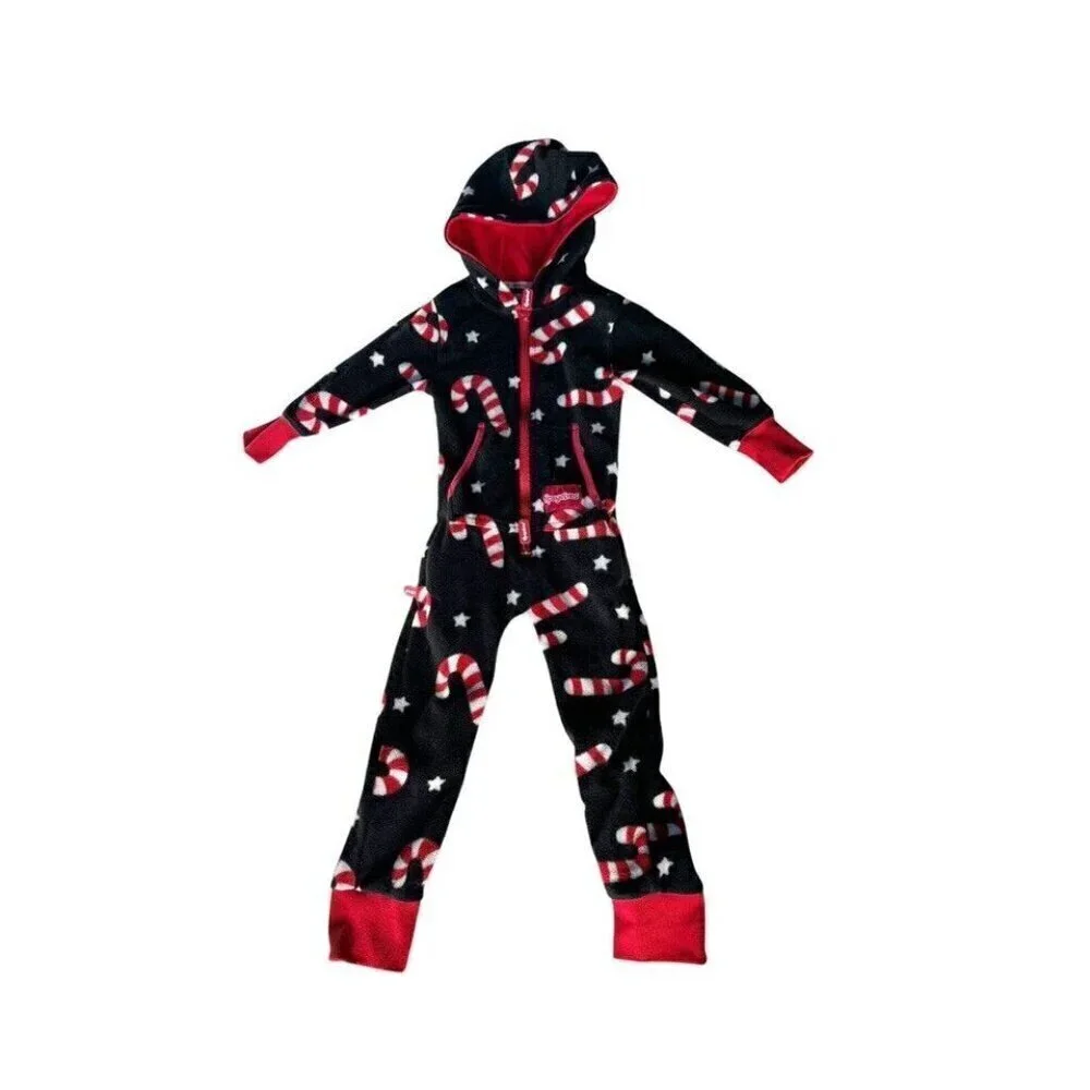 TIpsy Elves Candy Cane Lane Jumpsuit Boys or Girls Sz XS Black Red Full Zip